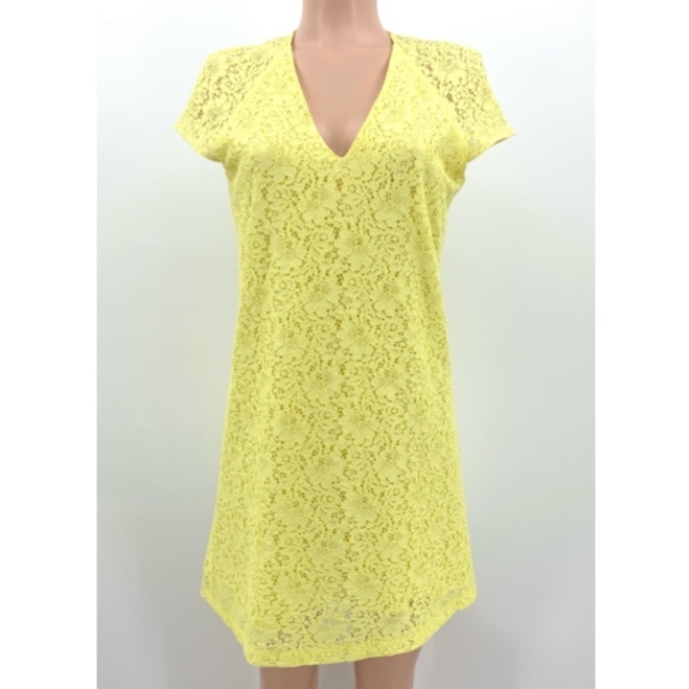 ZARA Lemon Yellow Floral Lace V-Neck Cap Sleeve Shift Summer Dress Size Small - Picture 2 of 9